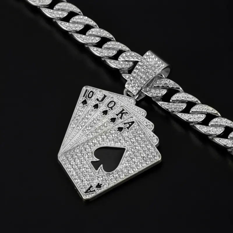 Hip Hop Playing Card Full Diamond Zircon Accented Pendant, Alloy Necklace with Full Diamond Cuban Link Chain, Street Culture Art Jewelry, Rap Style Jewelry, Unique Hip Hop Style Accessory, Poker Card Necklace