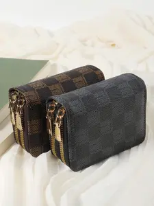 Women's Checkered Pattern Zipper Card Holder, Fashionable Double Zipper Coin Wallet, Zippered Card Case, Simple Casual Multi Card Clip for Outdoor Activities, Travel, and School, Card Organizer, Credit Card Organizer