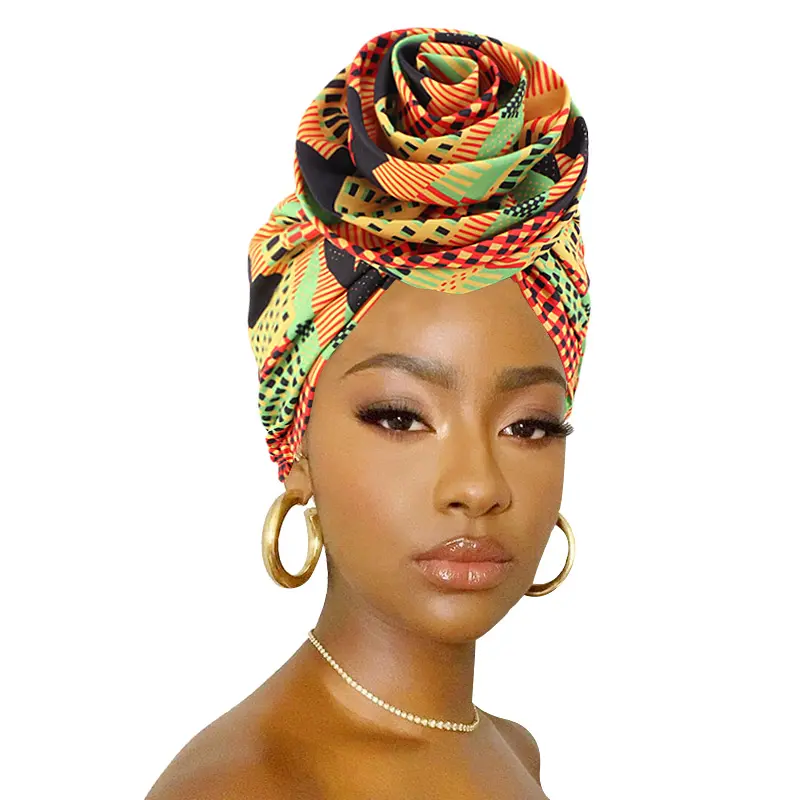 Lue's House African Print Stretch Bandana Head Wrap Long Scarf Satin Floral Ankara Dashiki Women Party Turban Headwear Cap Hair Accessories