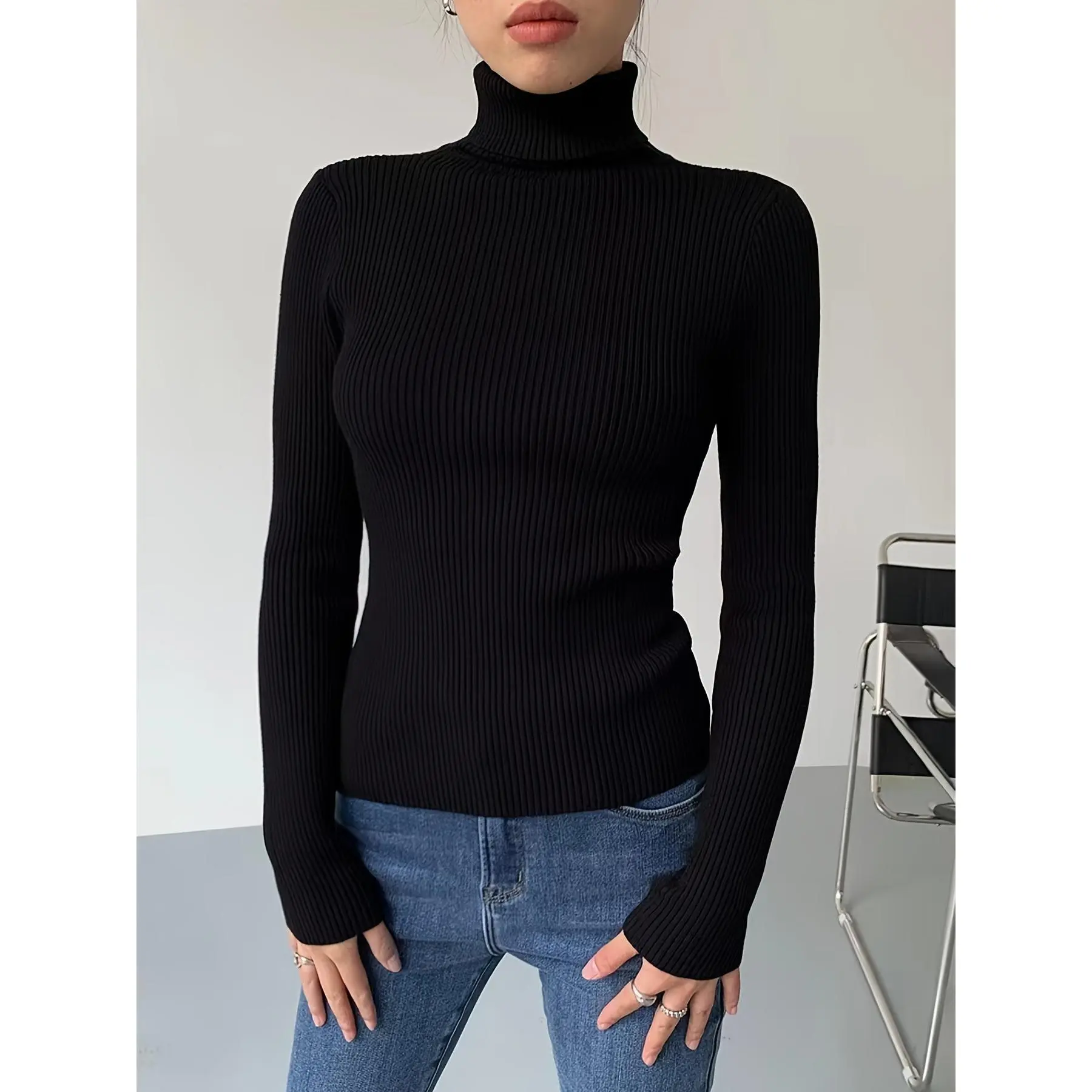 [Ribbed Turtleneck Sweater] Solid Ribbed Long Sleeve Slim Pullover Knit Tops-Women's Turtleneck Knitwear Womenswear Comfort Knitting Basic Minimalist Style Black