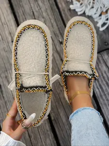 Women's Winter Teddy Fleece Loafers, Warm One-Step Lightweight Slip On Shoes, Low Top Casual Flats with Lace Design, Casual Fashion Shoes, Perfect for Home & Outdoor Wear