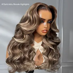 Unice Byebye Slip Honey Brown Loose Wave with Golden Blonde Face Framing Layers 13X4 Lace Frontal Human Hair Wigs with Drawstring Beginners Friendly