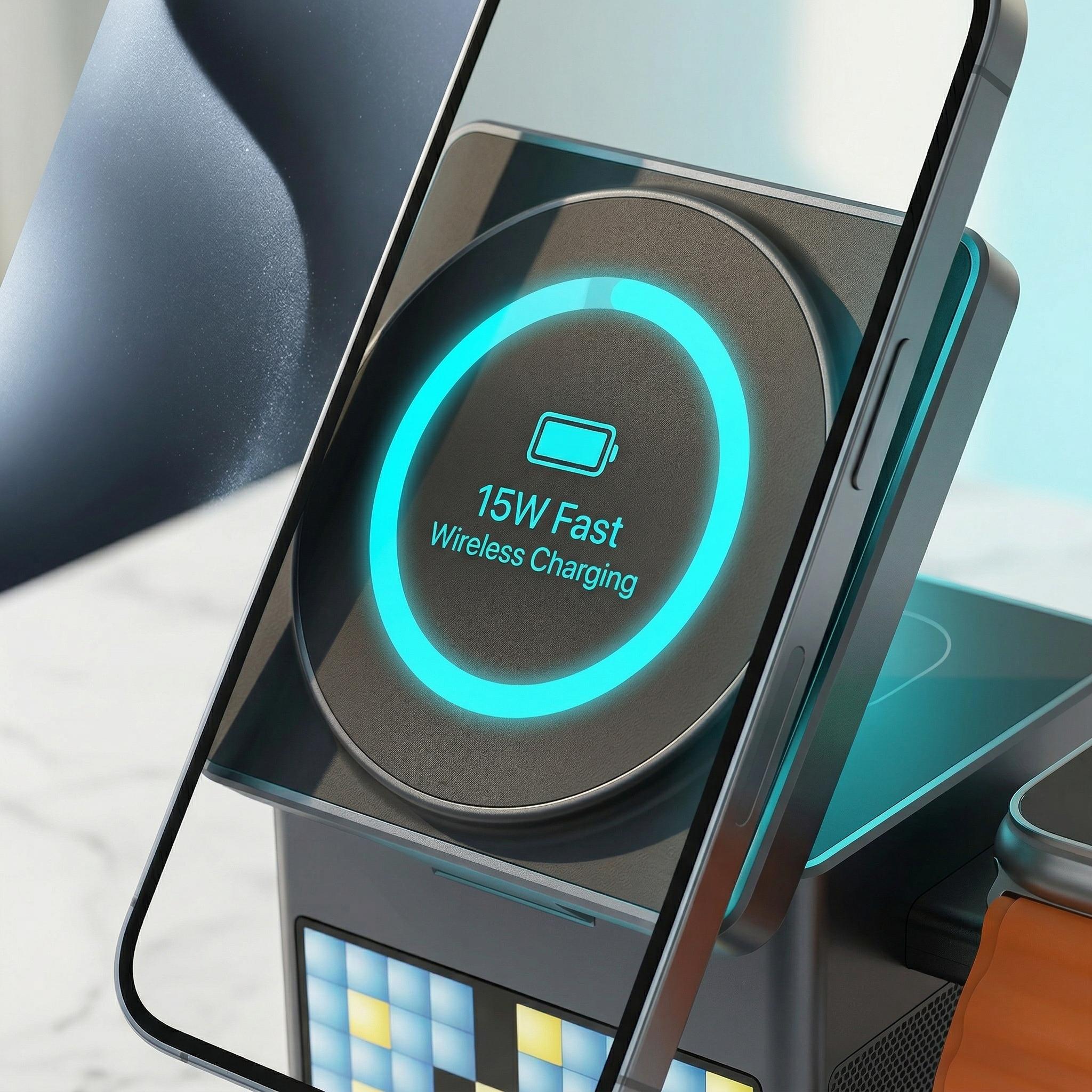 MagSafe-compatible 6-in-1 Charging Station with Bluetooth Speaker, Clock & Pixel Display – Ideal for iPhone, Desk, Travel & Multi-Device Charging | Smart All-in-One Solution for March Madness, Spring Break, World Cup & Easter