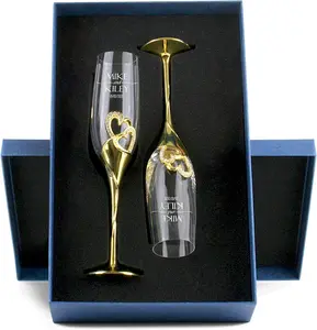 Engraved Wedding Glasses For Bride And Groom, Champagne Flutes With Box, Customized Heart Set Champagne Flutes, Premium Heart Set with Diamonds Flutes