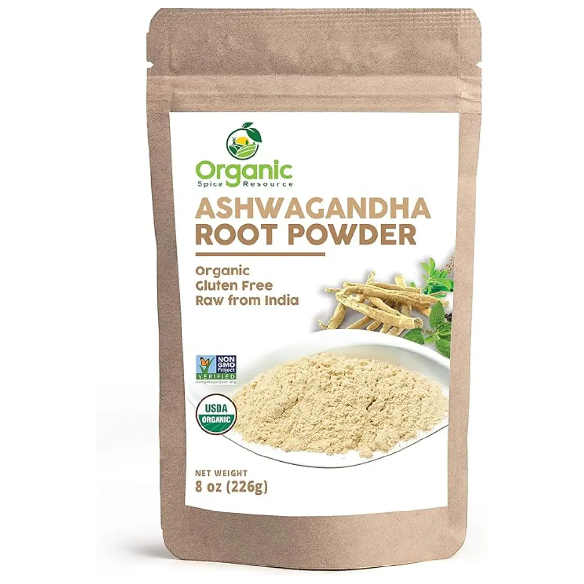 Organic Ashwagandha Root Powder - Lab Tested for Purity, Resealable Kraft Bag, Non-GMO, Indian Ginseng & Withania Somnifera - Spice, Flavor