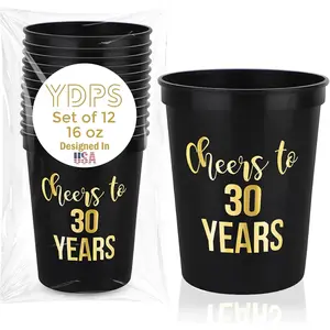 12 Pack 16oz Reusable Hard Plastic Stadium Cups for 30th Birthday Decorations, Cheers to 30 Years Drinkware Party Favors Table Decor for Her and Him