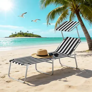 Outdoor Pool Chaise Lounge Chair, Folding Tanning Chair with Sun Shade, Black and White