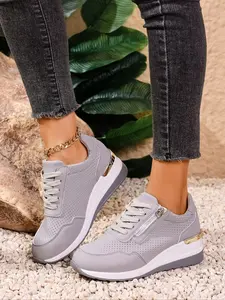 Women's PU Wedge Shoes Spring & Fall New Season All-Season Thick Sole Casual Sports Sneakers Waterproof High Top Zip Design Wedge Trainers