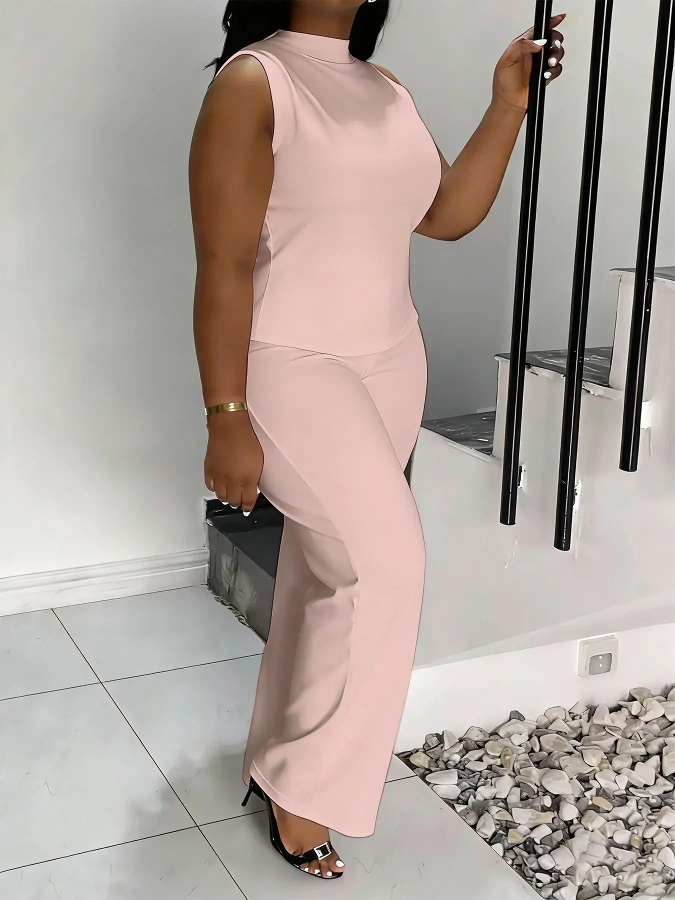 Plus Size 2 Piece Outfits for Women, Sleeveless Mock Neck Top and High Waist Wide Leg Pants Matching Set, Soft Stretch Elegant Casual Co Ord Set for Curvy Women, Summer Vacation Travel Lounge Wear