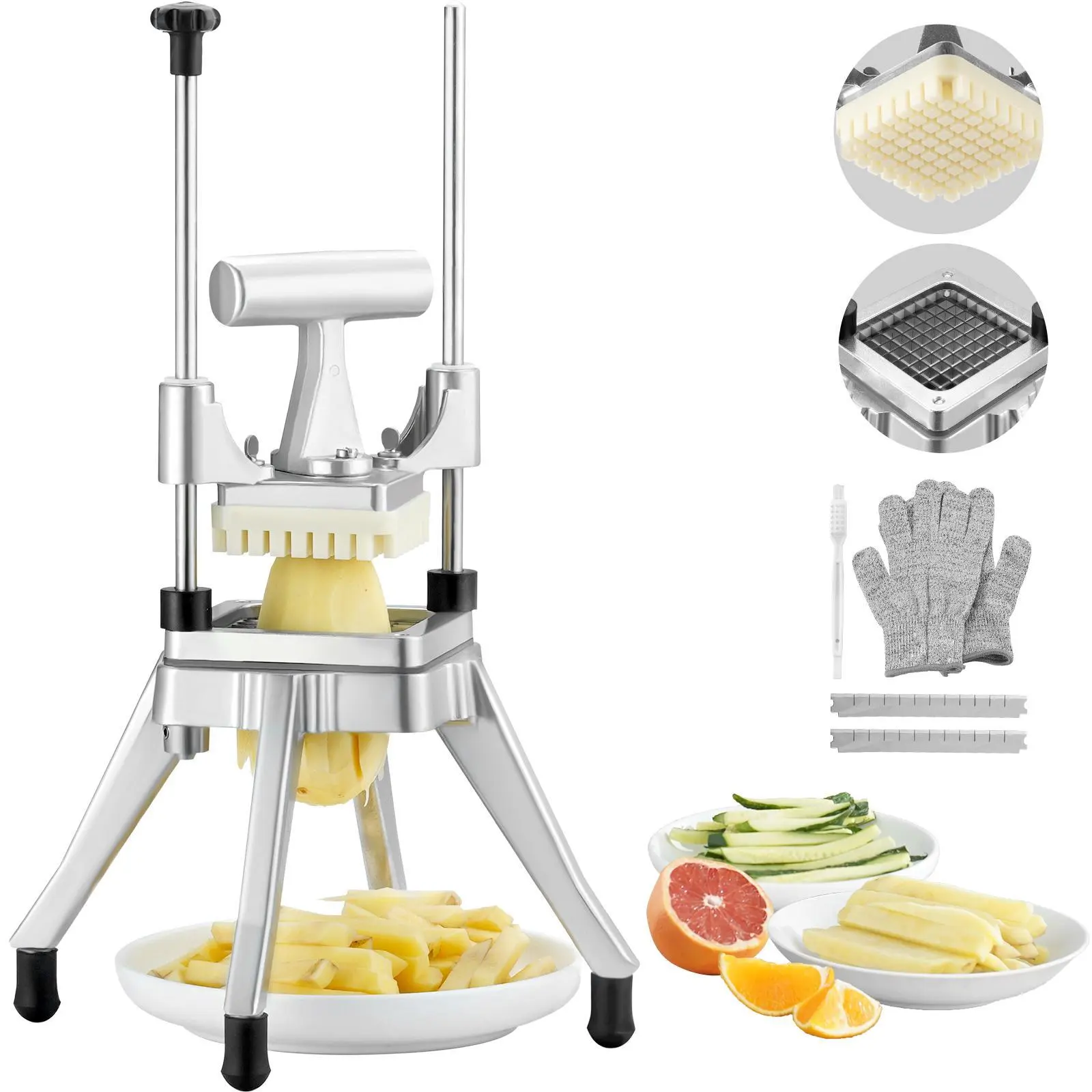 【Summerfinds】VEVOR Commercial Kitchen Veggie Chopper Set - 3/8" Stainless Steel Blade Heavy-Duty Professional Food Dicer, Kattex French Fry Cutter, Onion Slicer for Fruit Cutting, Carrots, Tomato, Peppers, Potato, Mushroom - Silver Aluminium