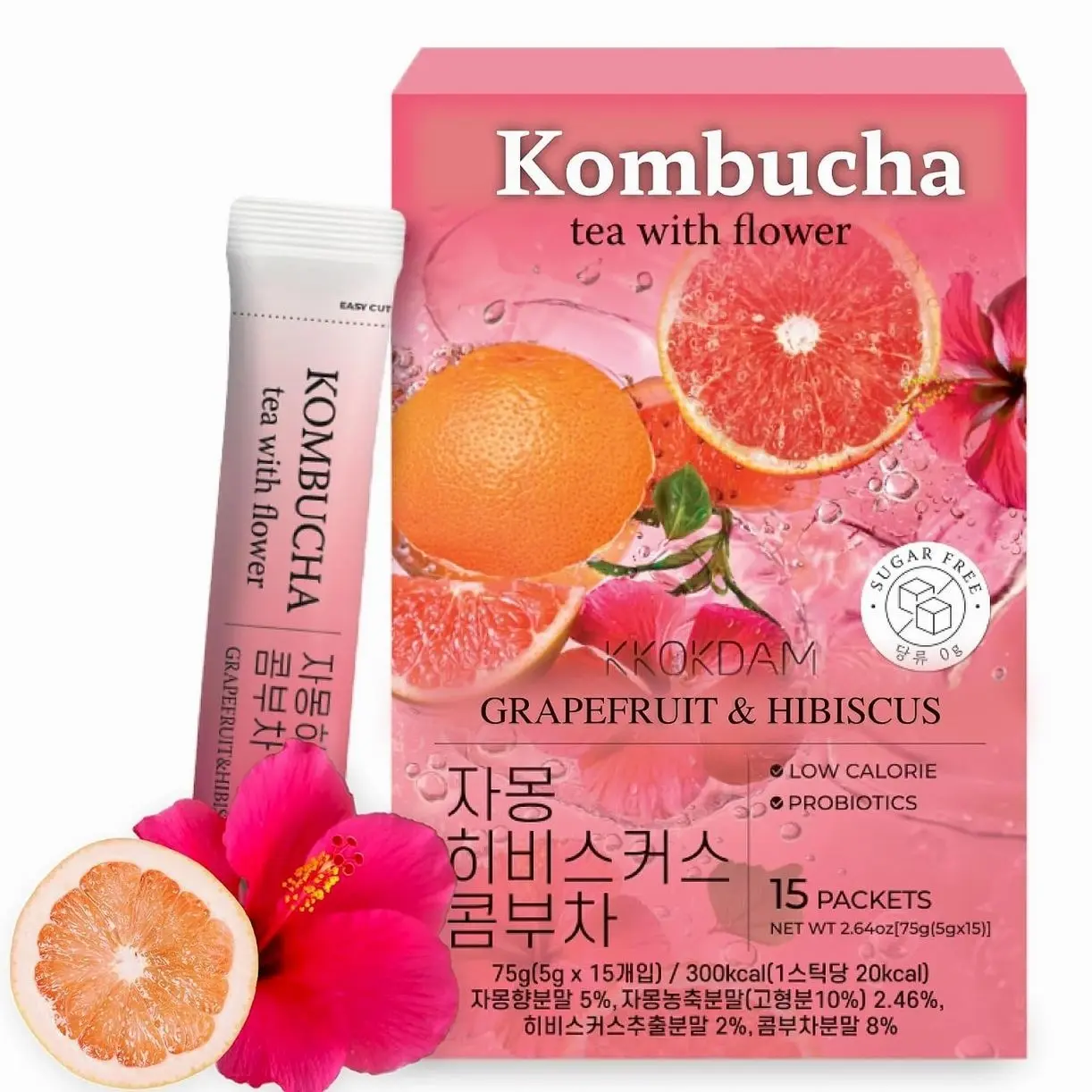KKOKDAM Kombucha Tea - Grapefruit & Hibiscus Korean Tea - Kombucha Drinks Probiotic Support, Low Calorie, Sugar Free Kombucha Pack - 15 Packs