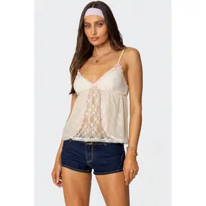 Ribbon Sheer Lace Babydoll Top