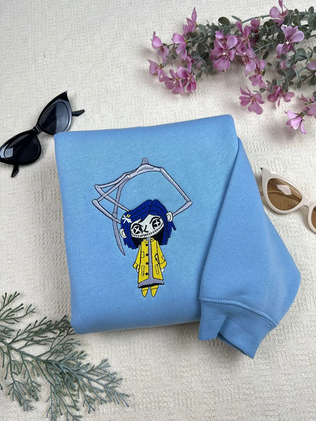 C0raIlnee Embroidered Sweatshirt, Cute Halloween Hoodie, Spooky Doll Crewneck, Gothic Fall Sweatshirt, Cozy Embroidery Gift for Women