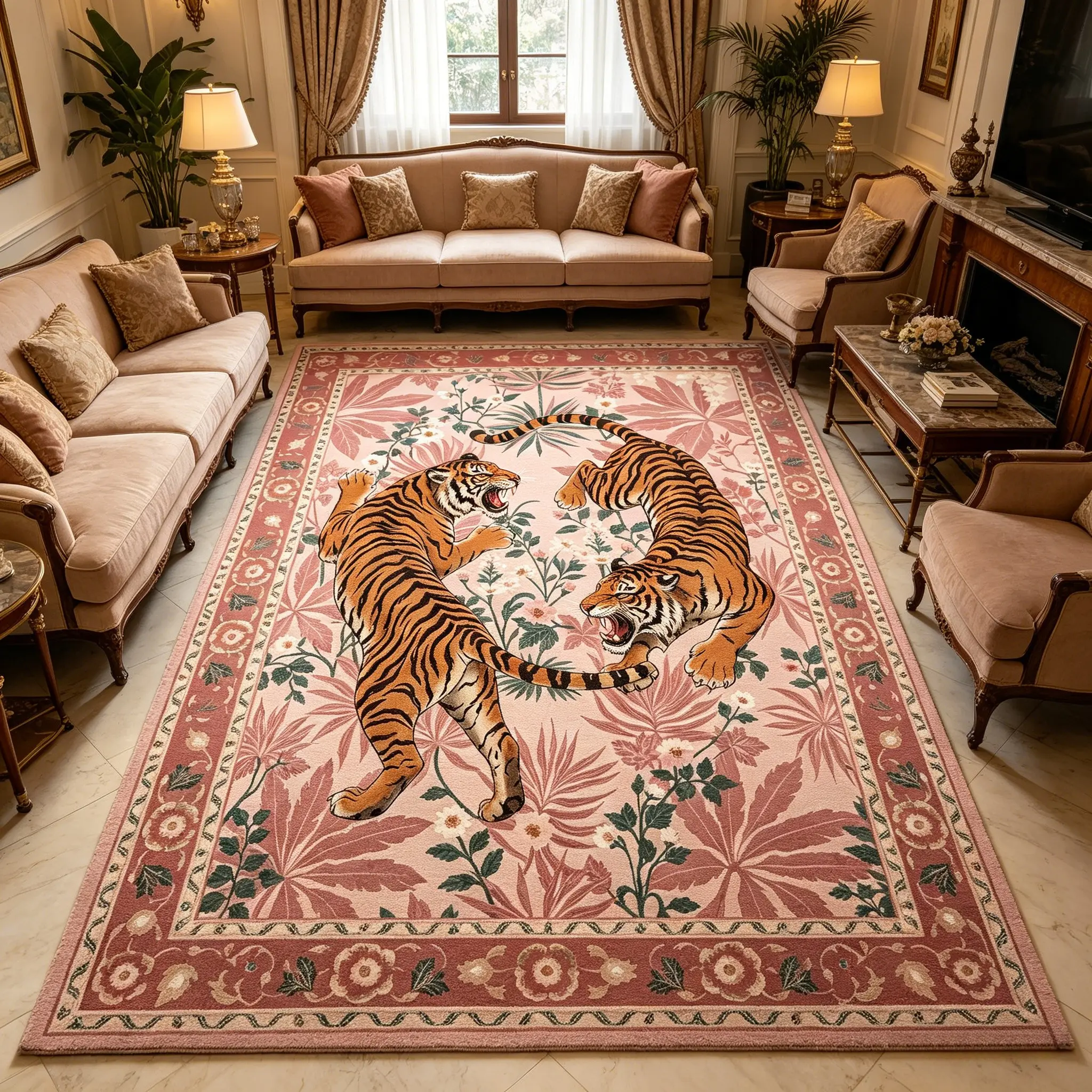 Available in 3 Colors: Retro-Ethnic Style Indoor Decorative Area Rug featuring a Large-Scale Double-Tiger and Botanical Floral Print. A Plush Carpet for Living Rooms and Bedrooms, Machine-Washable, Foldable, Easy to Clean, Non-Slip, Botanical Area Rugs