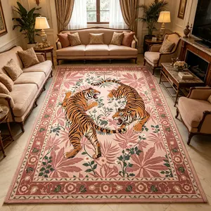 Available in 3 Colors: Retro-Ethnic Style Indoor Rug featuring a Large-Scale Double-Tiger and Botanical Floral Print. A Plush Carpet for Living Rooms and Bedrooms, Machine-Washable, Foldable, Easy to Clean, Non-Slip, Botanical Area Rugs