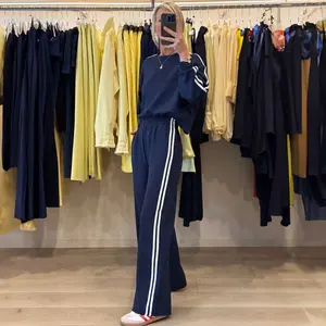 Dirty blue Varsity Striped Detail Crewneck Pullover Elastic Sweatpants 2pcs Outfit