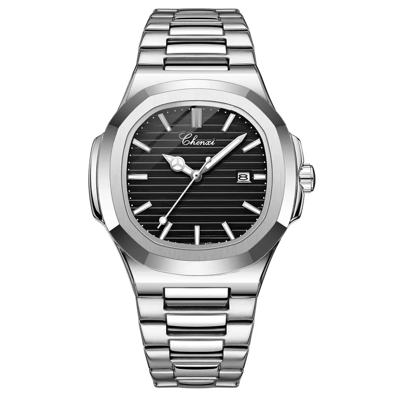 OIDEA Silver Fashion Men's Large Face Analog Quartz Dial Watch - Rhombus Case, Durable Stainless Steel Strap, 30m Waterproof, Dark-Ready Glow, Date Calendar Display, Bar Pointers, Adjustable 17-24" Band, Sleek Business-Casual Accessory, Ideal Gift