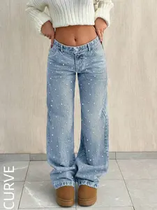 WGXWGX Women's Solid Color Pearl Embellished Denim Straight-Leg Pants, Casual High-Waisted Slimming Versatile Trousers