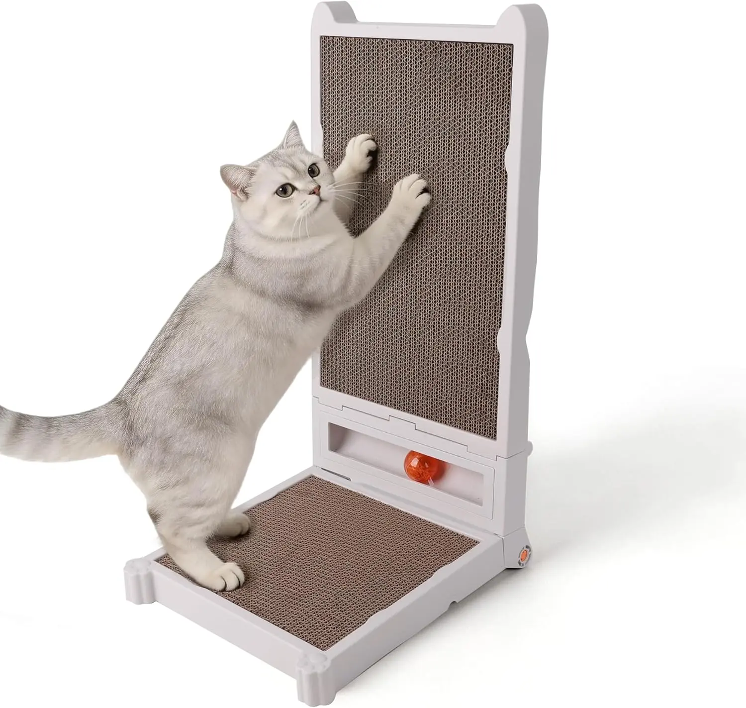 Allforpaws Foldable L-Shaped Cat Scratcher with Ball Track Toy, No Assembly Cat Scratch Pad with 4 Shapes, Reversible & Replaceable Cardboard Scratching Board for Indoor Cats
