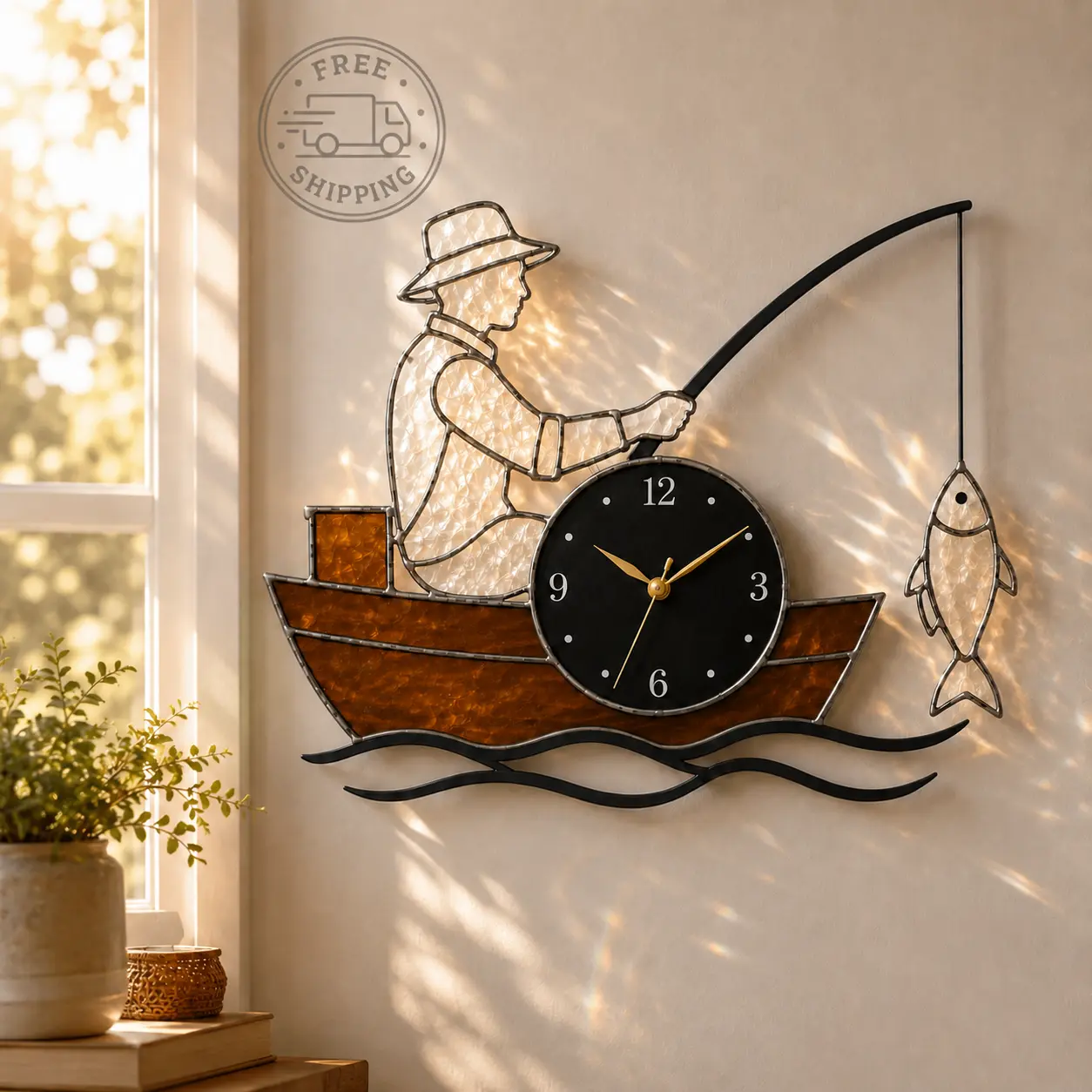CraftNameSign Handmade Wooden Boat Stained Glass Wall Clock, Silent Fishing Clock, Fisherman Gift for Men, Lake House Decor, Rustic Cabin Wall Art, Nautical Home Accent, 10-14 inches