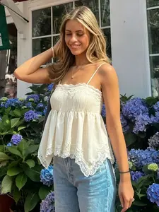 Women Summer Short Top Cream Satin Lace Patchwork Ruffle Halter Top,Adjustable Straps Sleeveless Backless Lace Hem Women's T-shirt Elegant Women's Clothing Perfect for Party & Daily Wear