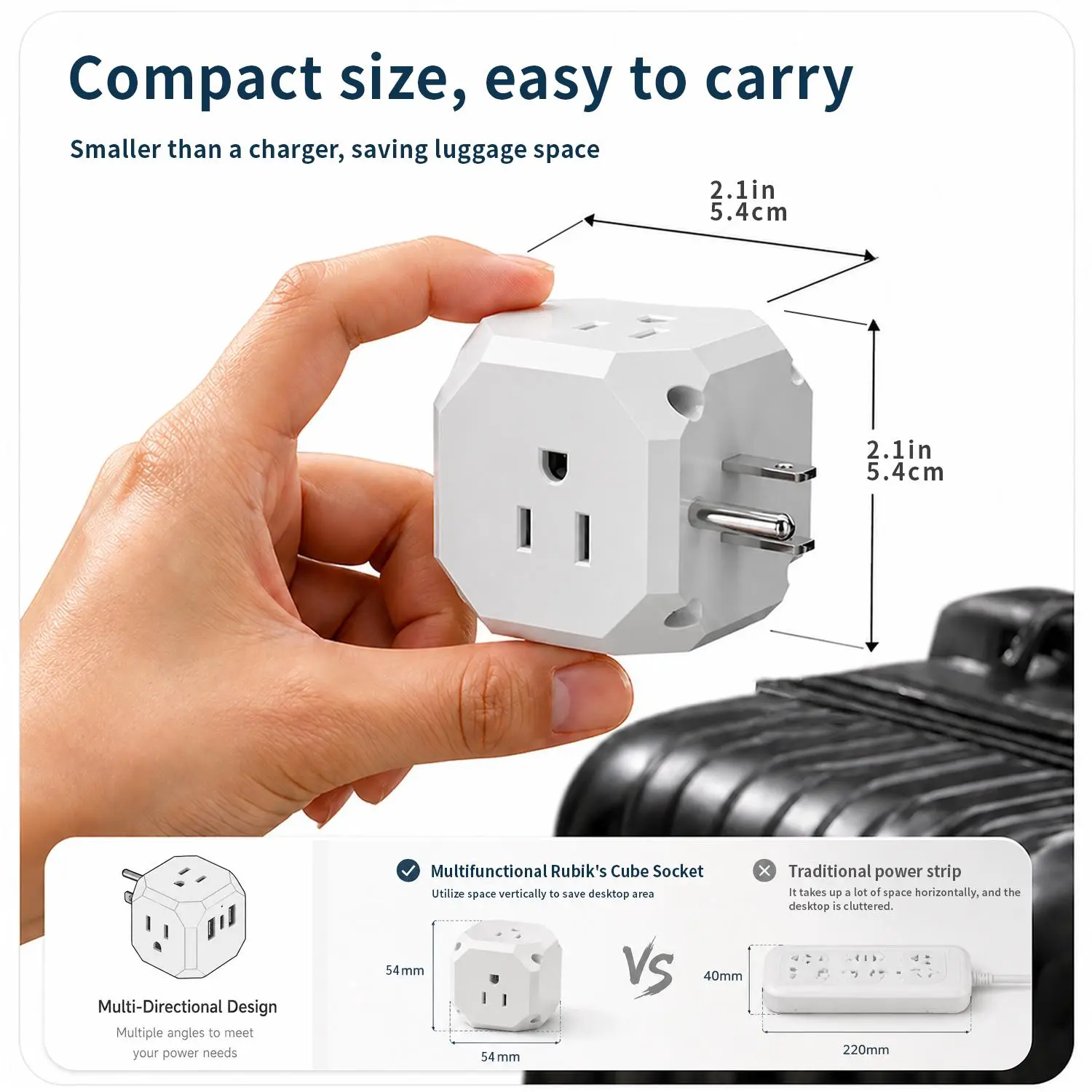 Multi-socket expander with 3 USB ports (including 1 USB-C), a compact power strip distributor essential for cruises, travel, home, office, dormitory, and other occasions