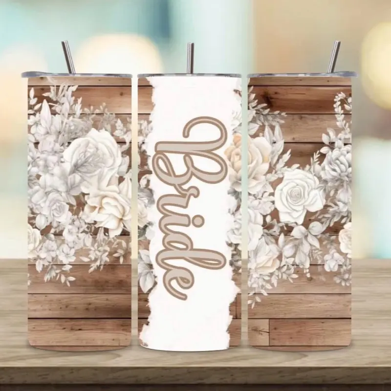 Bridal 20oz Tumbler with Elegant Floral Design and Wood Texture Perfect for Wedding Gifts