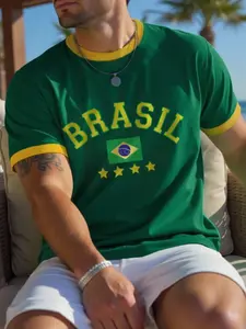 Men's Brazil Soccer Graphic Print Short Sleeve T-Shirt, Casual Fitted Design for All Seasons, Stylish Sportswear Athletic Activewear for Daily Use