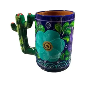 Handmade Tarros de Barro Pintados a Mano Mug with Vibrant Floral Design and Cactus Handle for Michelada Aguas Frescas and Beer Drinkware