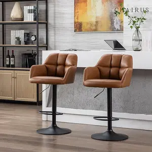 CHAIRUS PU Leather Swivel Bar Stools Set of 2 ,Modern Adjustable  Bar Stools with Stable Metal Frame Padded Island Chairs with Back and Footrest,Height Bar Chairs with Armrest for Kitchen Island,Bistro,Pub,Dining Room, Brown