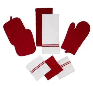 Kitchen Towel, Dishcloth, Oven Mitt, and Pot Holder 8 Pack Set, Red, 100% Cotton