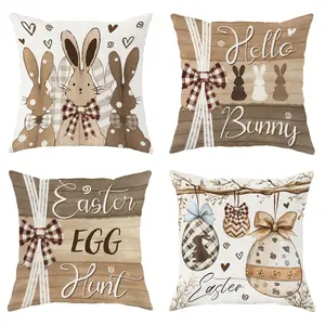 4pcs easter decoration three bunnies easter eggs bunny bow rabbit velvet throw pillow covers cute grey brown cosy soft decorative pillowcases one sided printing for spring living room bedroom sofa bed decor without pillow inserts,  Floral Pattern