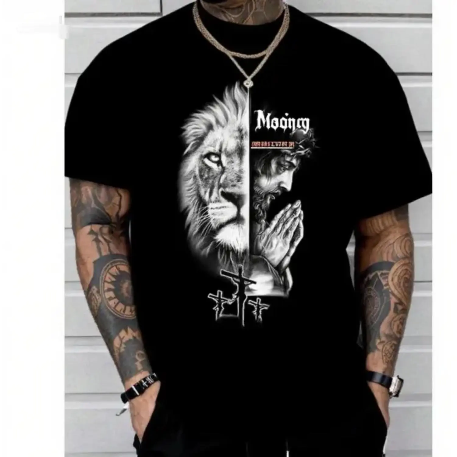 Moong Fashion Designer TShirts Graphic Tees with Religious Lion & Cross Print Shortsleeve Unisex Casual All Seasons Crewneck Fitted Tee for Men Women Machine Washable Top Menswear