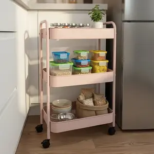 3 Tier Rolling Cart, Metal Utility Cart with 6 Hooks Storage Cart on Wheels Craft Cart with Handle for Organizer Storage for Classroom Office Dorm Home,Pink/white