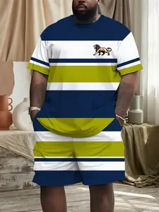 Plus Size Man Striped Casual Tropical Suit Set, Blue Patchwork Lion Print Fashion, Loose-Fitting Short Sleeve, Modern Style, All Seasons, Menswear