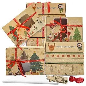 12 Packs Brown Christmas Cookie Boxes with Window for Gift Giving,Cartoon Christmas tree/snow man/penguin Holiday Bakery Treat Boxes Gift Baking Box Christmas Kraft Gift Boxes with Ribbons and DIY Gift Tags, Pastry, Candy, Party Favors