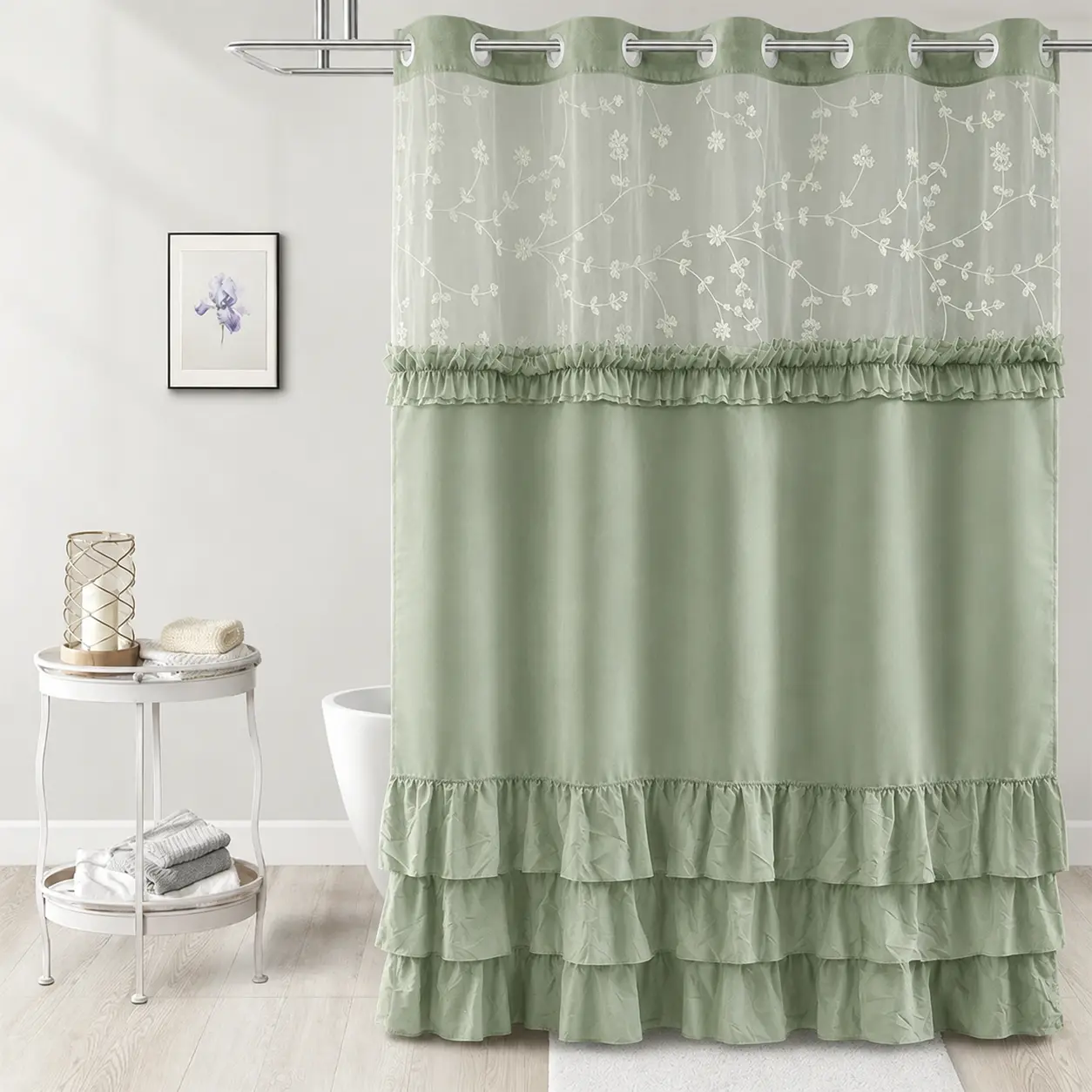 Green Elegant Hookless Ruffle Shower Curtain with Embroidered Sheer Top, Dual Removable Waterproof Panels, Machine Washable Bathroom Curtain，71*74 IN