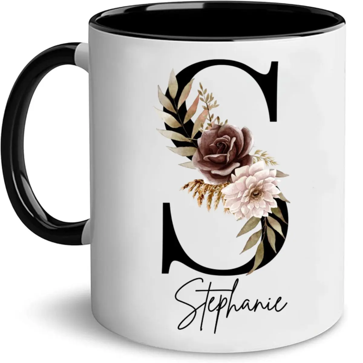 Floral Initial Coffee Mug, Personalized Letter Mug, Custom Name Monogram Cup, Birthday Christmas Gift For Women Friends Coworkers, Xmas Exchange Gift, 11 15oz Ceramic Cup