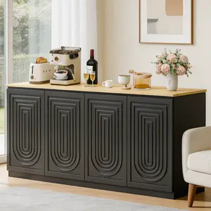 Loomie 63" Black Fluted Sideboard Buffet Cabinet, Large Kitchen Hutch with Doors & Adjustable Shelves, Modern Coffee Bar Table for Dining Room Kitchen Living Room
