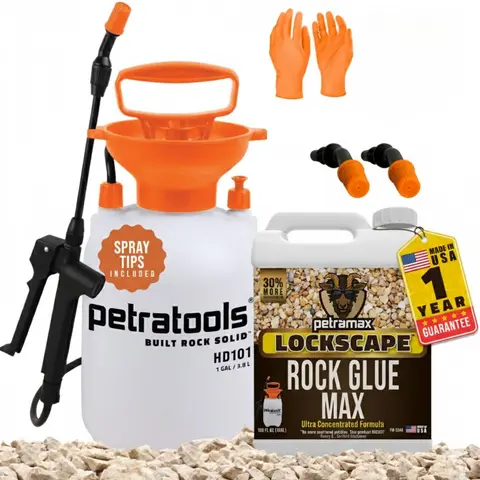 PetraMax Rock Glue Max Starter Kit - 1 Gal Concentrate Adhesive, HD101 Pump Sprayer Bundle with Extended Hose, Fan-Flat Nozzle for Landscaping Bonding, DIY Projects, All Year Long Use