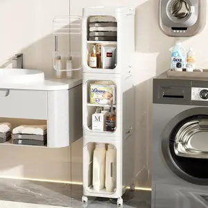 Narrow Bathroom Storage Cabinet with Movable Wheels, Slim Storage Cabinet with 3 Doors & Removable Panel, Skinny Bathroom Organizers and Storage  Small Space, Corner, Kitchen, Laundry