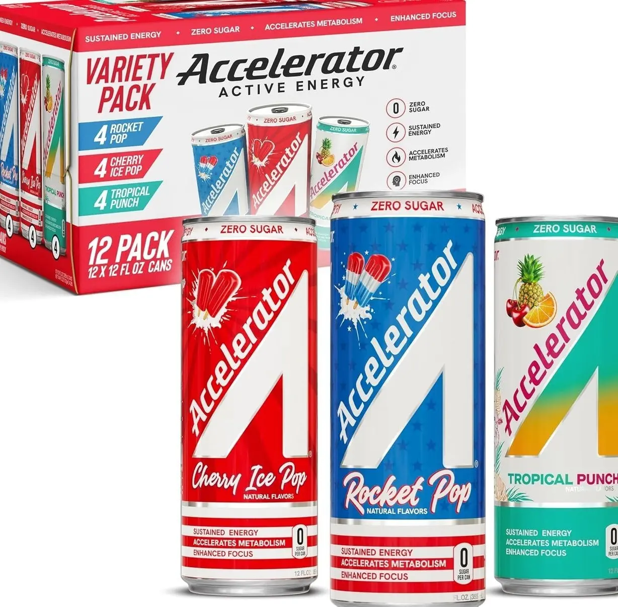 Accelerator Energy Drink, Variety Pack 12oz can (12 pack), Zero Sugar, Sustained Energy from 100% Natural Caffeine (200mg from Green Coffee Bean & Green Tea extract)