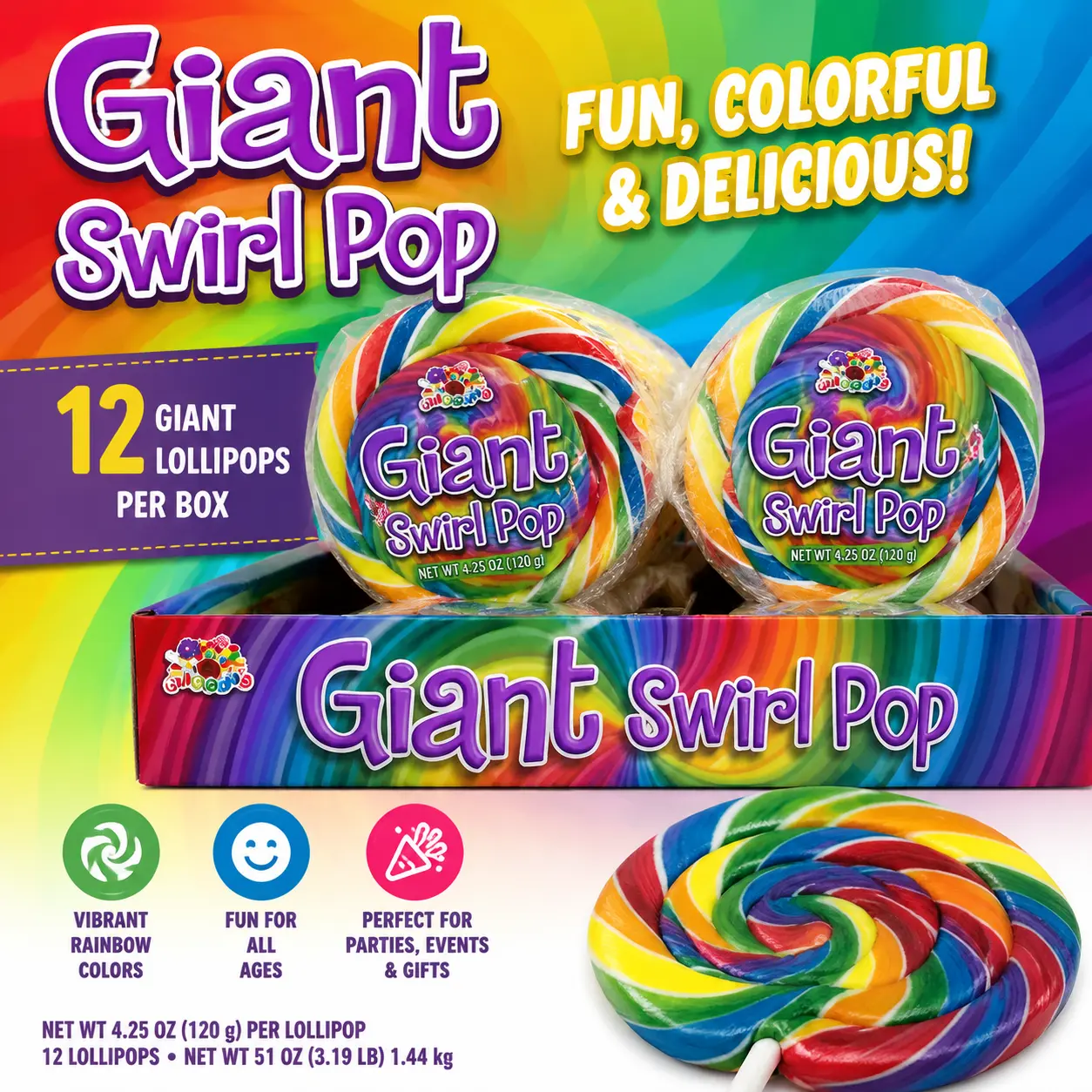 Albert's Giant Swirl Rainbow Lollipops 4.25 oz 12 Count  Colorful Giant Candy Pops | Fun Party Favors & Sweet Treats Birthday