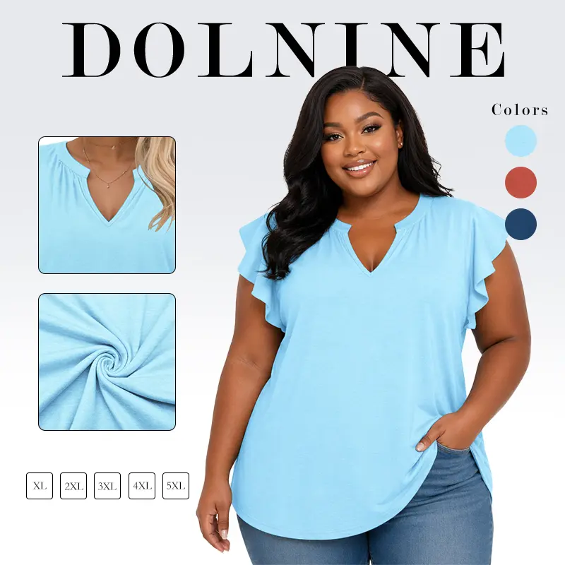DOLNINE Women's Plus Size Ruffled Short Sleeve Blouse - Lady's Minimalist Chic Plain Shirt, Elegant Lightweight Breathable Medium-Length Tunic Top with Feminine Notched V-Neck, Dressy Casual Party Wear Top VPS0153, Shirts