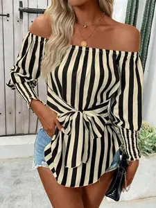 European and American Style One-Shoulder Striped Top, Tie Waist Bubble Sleeve Blouse, Chic and Versatile Upper Garment