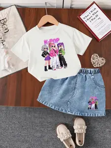 Cute Cool KPOP Girl Outfit for Kids ✨ Y2K Cartoon Graphic Tee and Denim Skirt Set Summer Girls Clothing Street Style Fashion Toddler Outfit Casual Trendy Kids Clothes Gift Idea for Little Girls