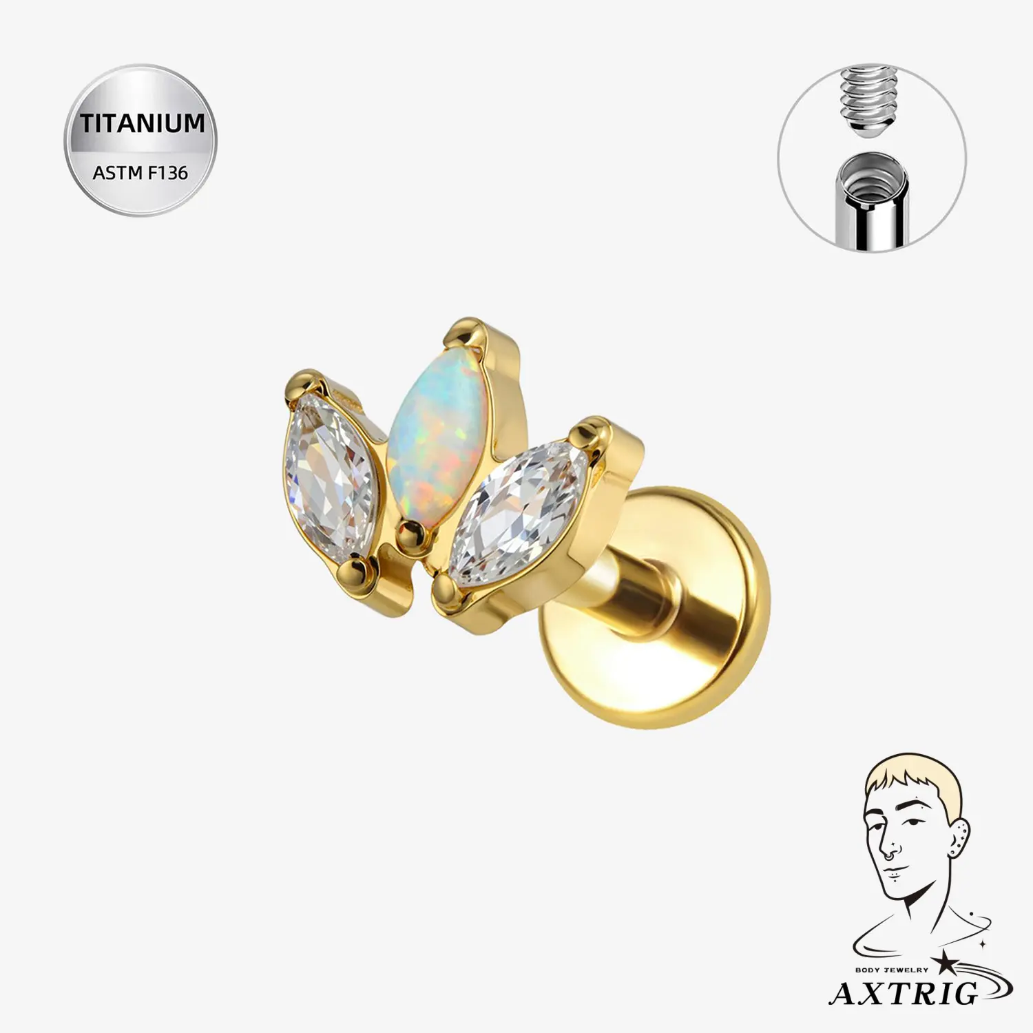 16G Tarnish-Free Titanium Triple Marquise Opal Stud, Internal Threaded Ear Piercing Jewelry (6mm)