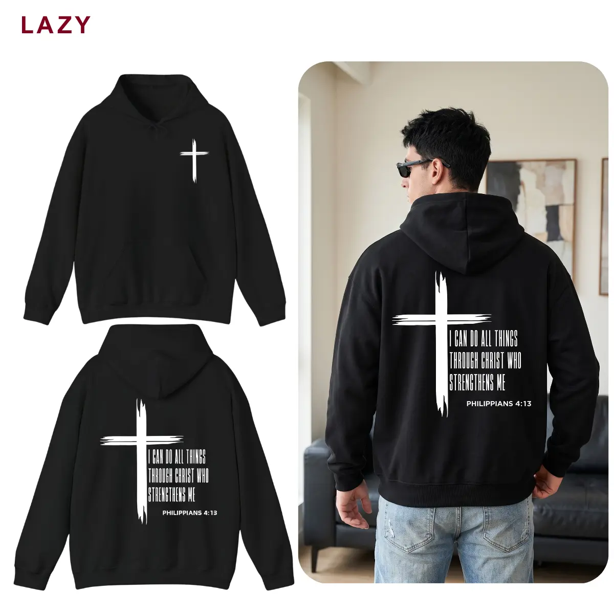 Philippians 4:13 Unisex Christian Hoodie, Cross Bible Verse 2-Sided Pullover, Faith-Based Religious Graphic Sweatshirt, Inspirational Faith Apparel