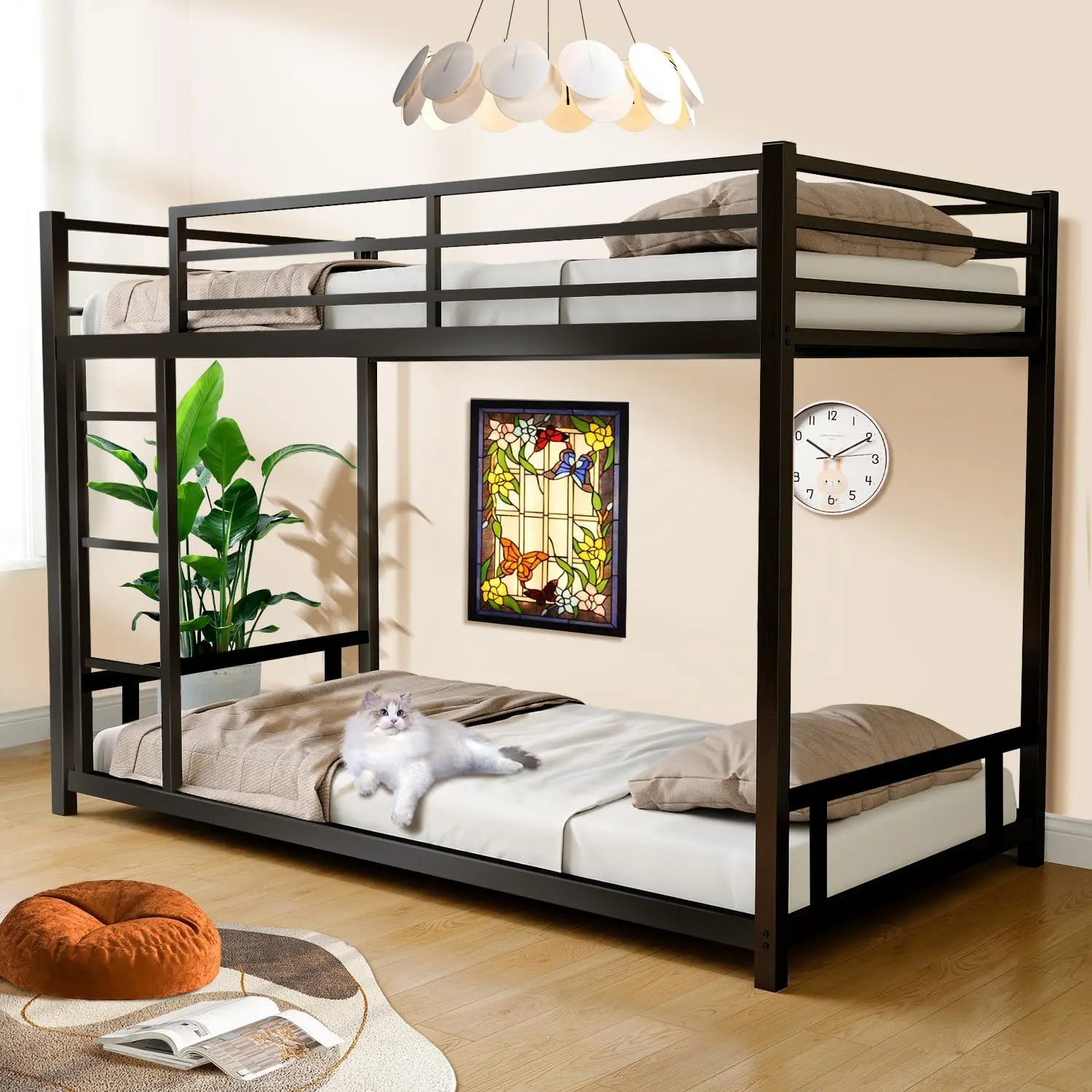 Bunk Bed Twin Over Twin Size, Low Metal Bunk Bed with Ladder and Guardrails Floor Twin Bunk Frame Bunkbeds for Teens Dorm Small Spaces Guest Room, No Box Spring Needed