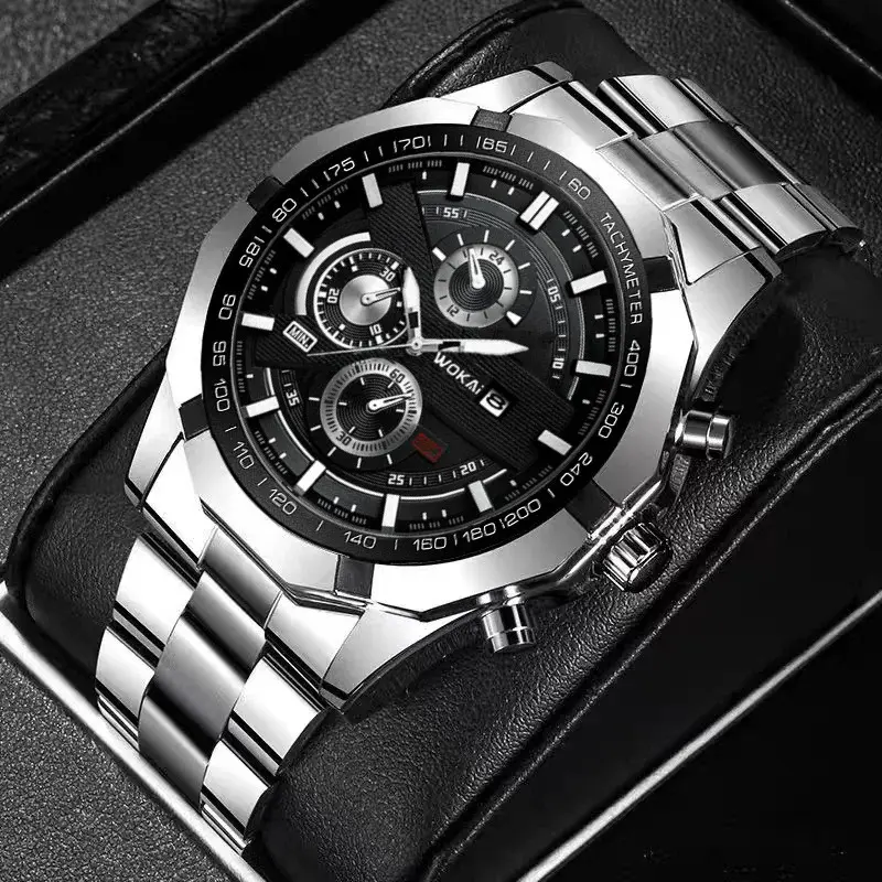 Men's Silver Fashion Rectangle Quartz Watch - Business Style, 3-Eye Mixed Scale Dial, Alloy Steel Strap, Classy Design, Three-Eye Mixed Scale